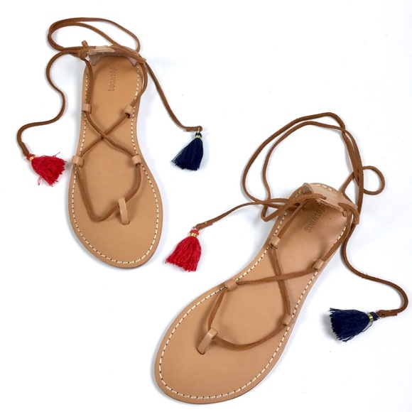SOLD Soludos Tassel Lace Up Tan Leather Sandals 8 - Picture 2 of 8